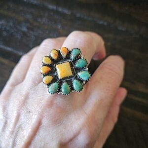 Southwest Turquoise/Spiny Oyster Cluster ring